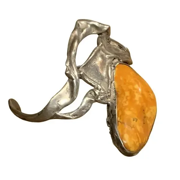Artisan Made Eclectic Sterling Silver and Amber??? Statement Cuff Bracelet - Picture 5 of 11